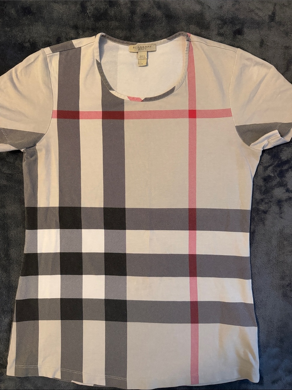 Burberry Beige Plaid Short Sleeve Tee with Gray and Pink Accents